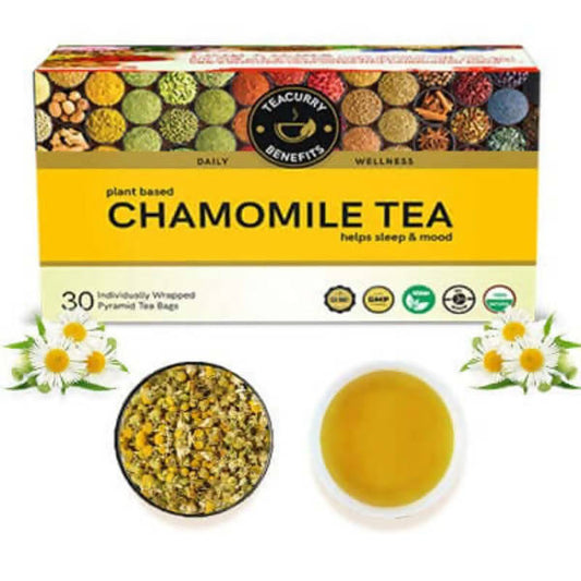 Teacurry Chamomile Tea box labeled 30 tea bags with chamomile flowers and a cup of tea