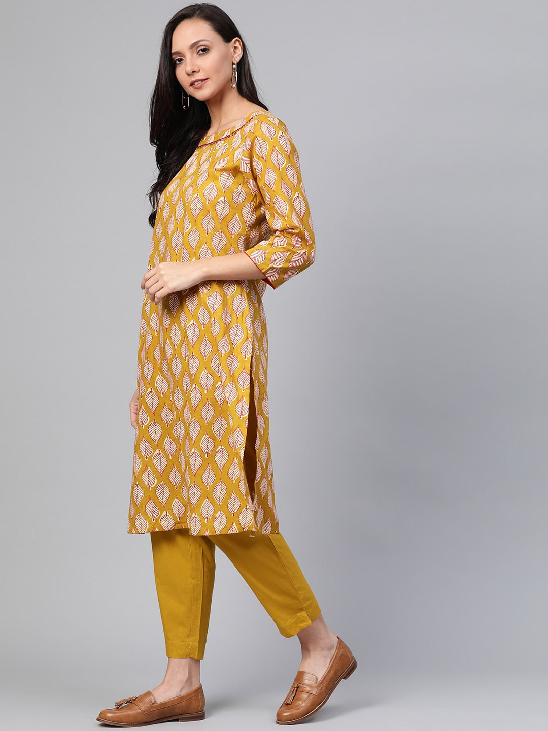 Sangria Women Mustard Yellow & Off-White Printed Kurta with Trousers - Grab2buy