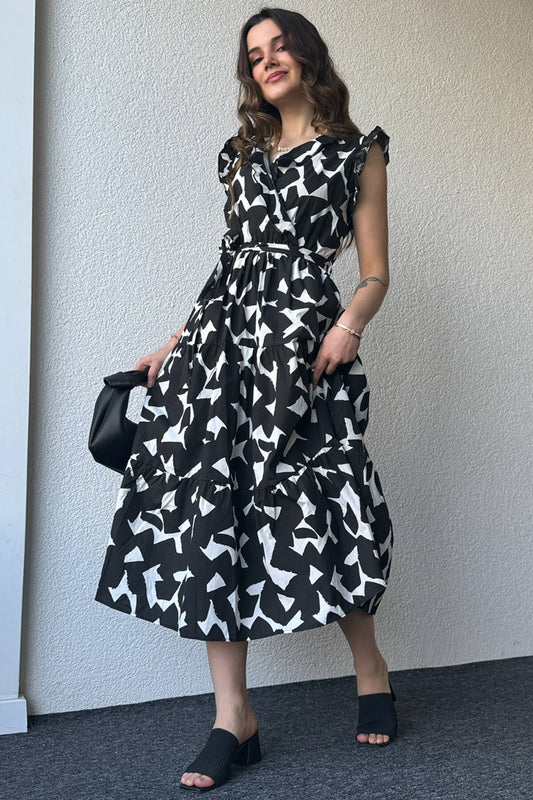 Pimu V-Neck Maxi Dress with Graphic Print-Black