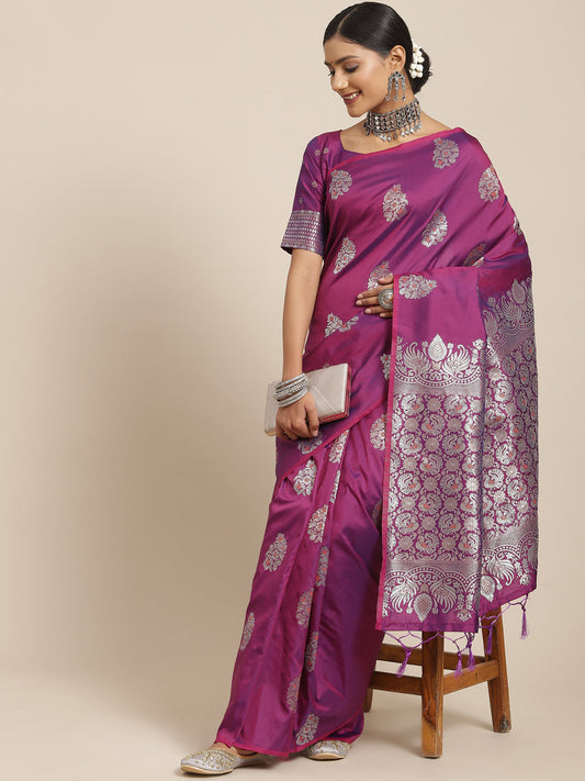 Saree Mall Magenta & Silver-Toned Floral Silk Blend Dharmavaram Saree