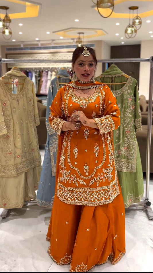 Yash Enterprise Orange Natural Crep Embroidery Party Wear Suit Set Grab2Buy Yash Enterprise Grab2Buy