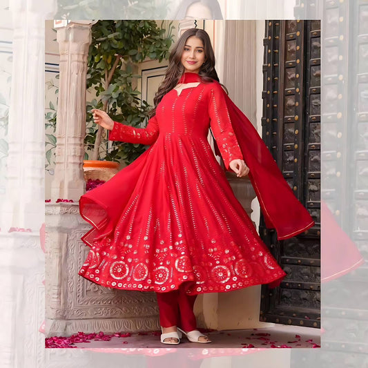 Yash Enterprise Red Faux Georgette Embroidery Work Party Wear Suit Set Grab2Buy Yash Enterprise Grab2Buy