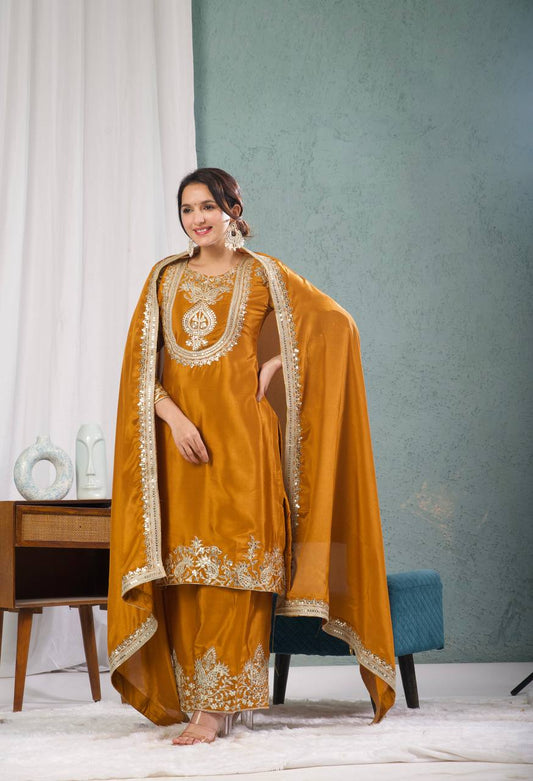 Yash Enterprise Gold Chinnon Silk Embroidery Party Wear Suit Set Grab2Buy Yash Enterprise Grab2Buy