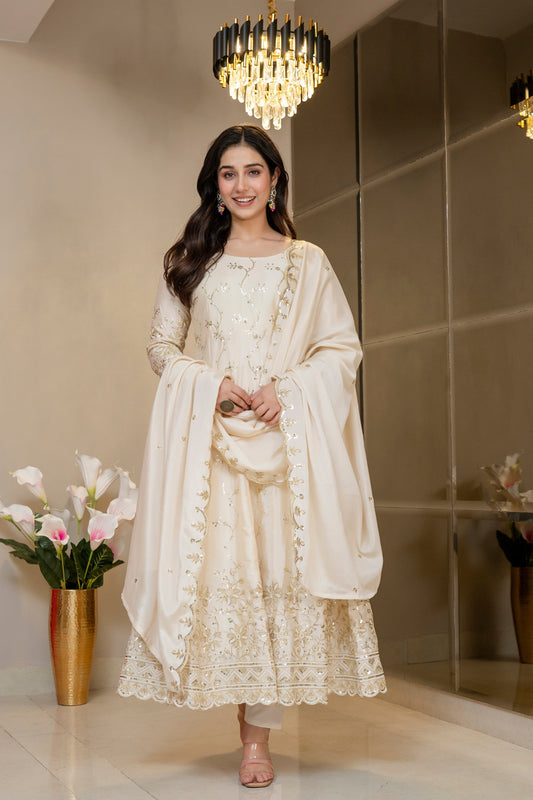 Yash Enterprise Cream Chinon Silk Party Wear Embroidery Suit Set Grab2Buy Yash Enterprise Grab2Buy