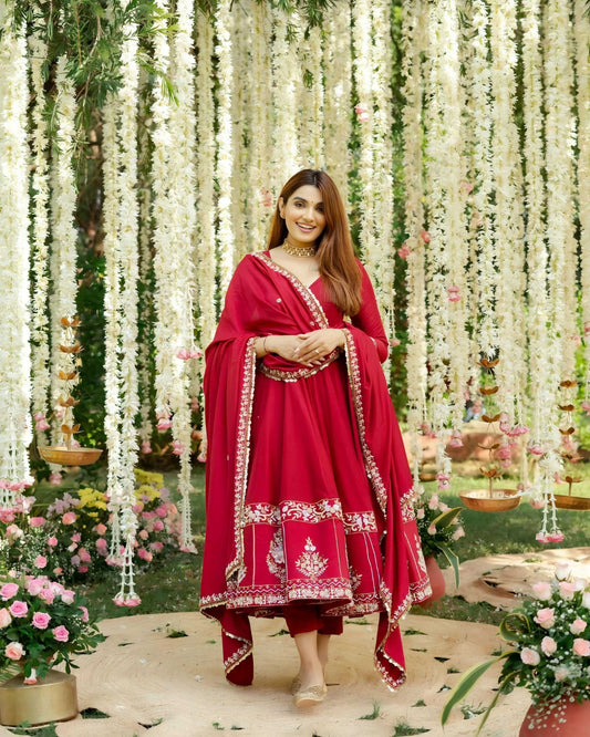Yash Enterprise Red Roman Silk Embroidery Suit Set Grab2Buy Yash Enterprise Grab2Buy