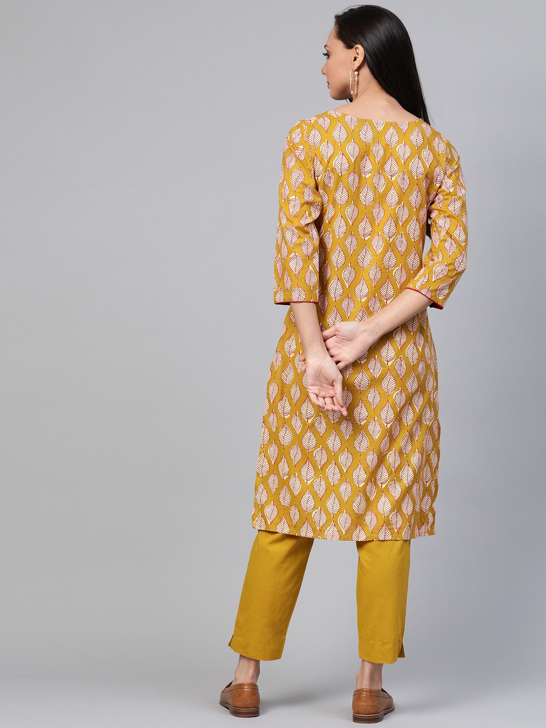 Sangria Women Mustard Yellow & Off-White Printed Kurta with Trousers - Grab2buy