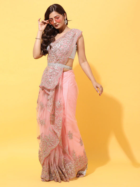 kasee Pink Floral Embroidered Net Saree
