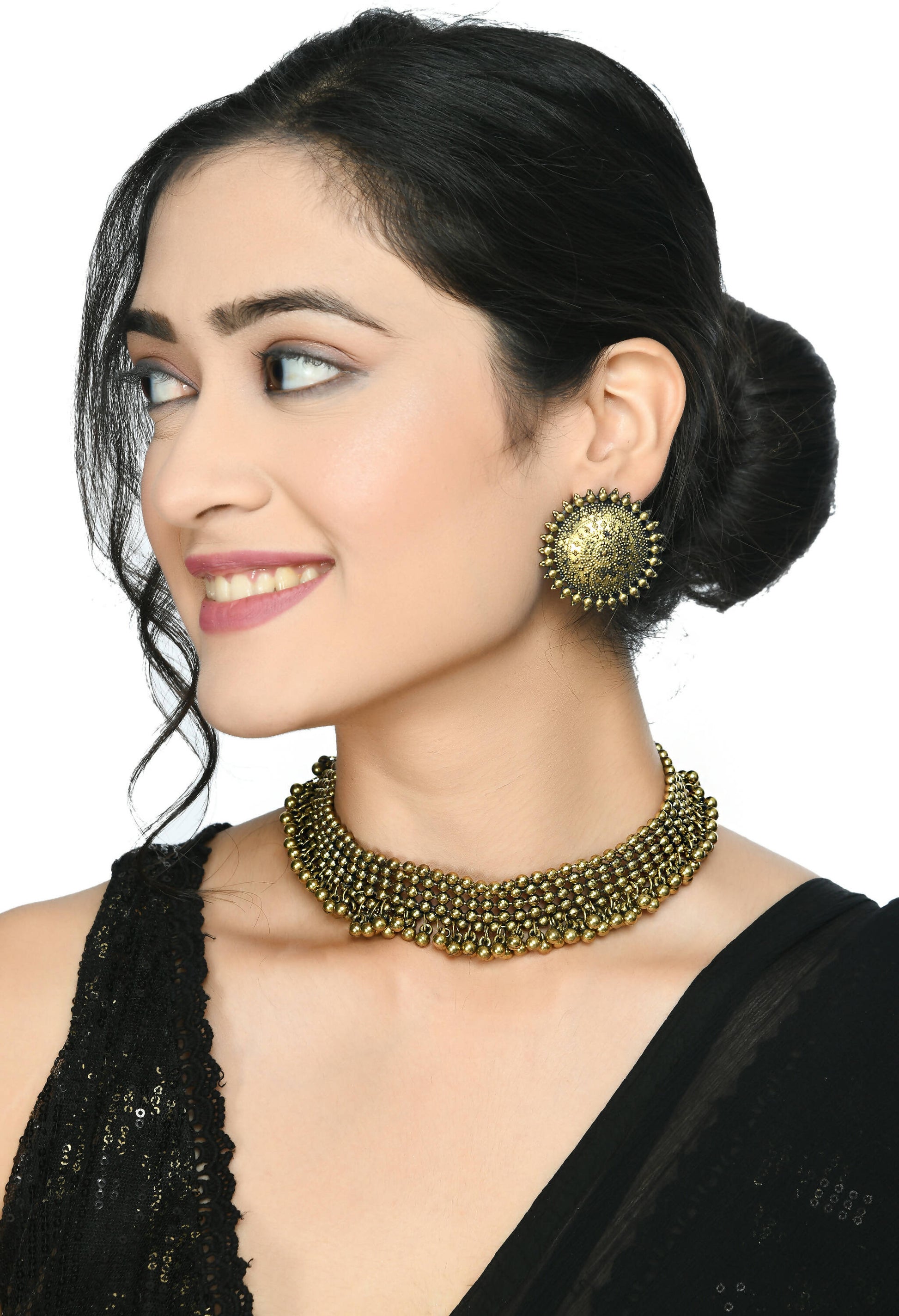 Mominos Fashion Johar Kamal Oxidised Gold-Plated Brass Finish Ghungroo Design Choker Set - Grab2buy