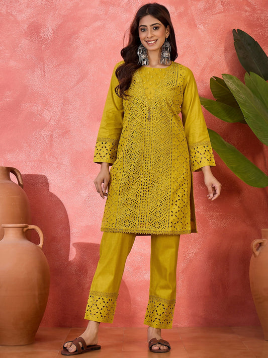 Joban Fashion Embroidery Mustard Pure Cotton Cord Set