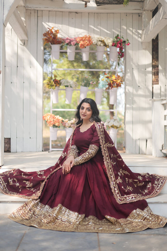 Yash Enterprise Dark Maroon Vichitra Shimmer With Rich Sequins Embroidered Work Party Wear Suit Set Stitched