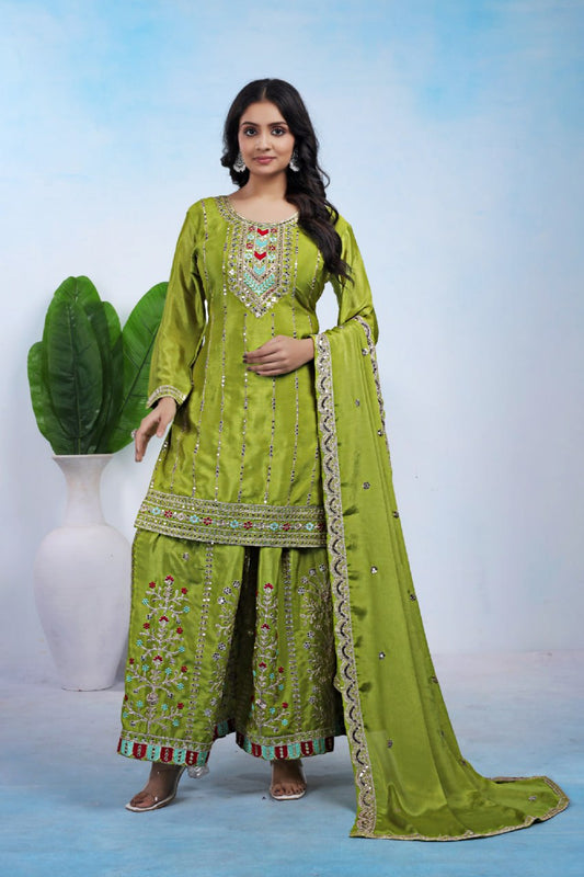 Yash Enterprise Green Chinon Silk Party Wear Embroidery Suit Set Grab2Buy Yash Enterprise Grab2Buy