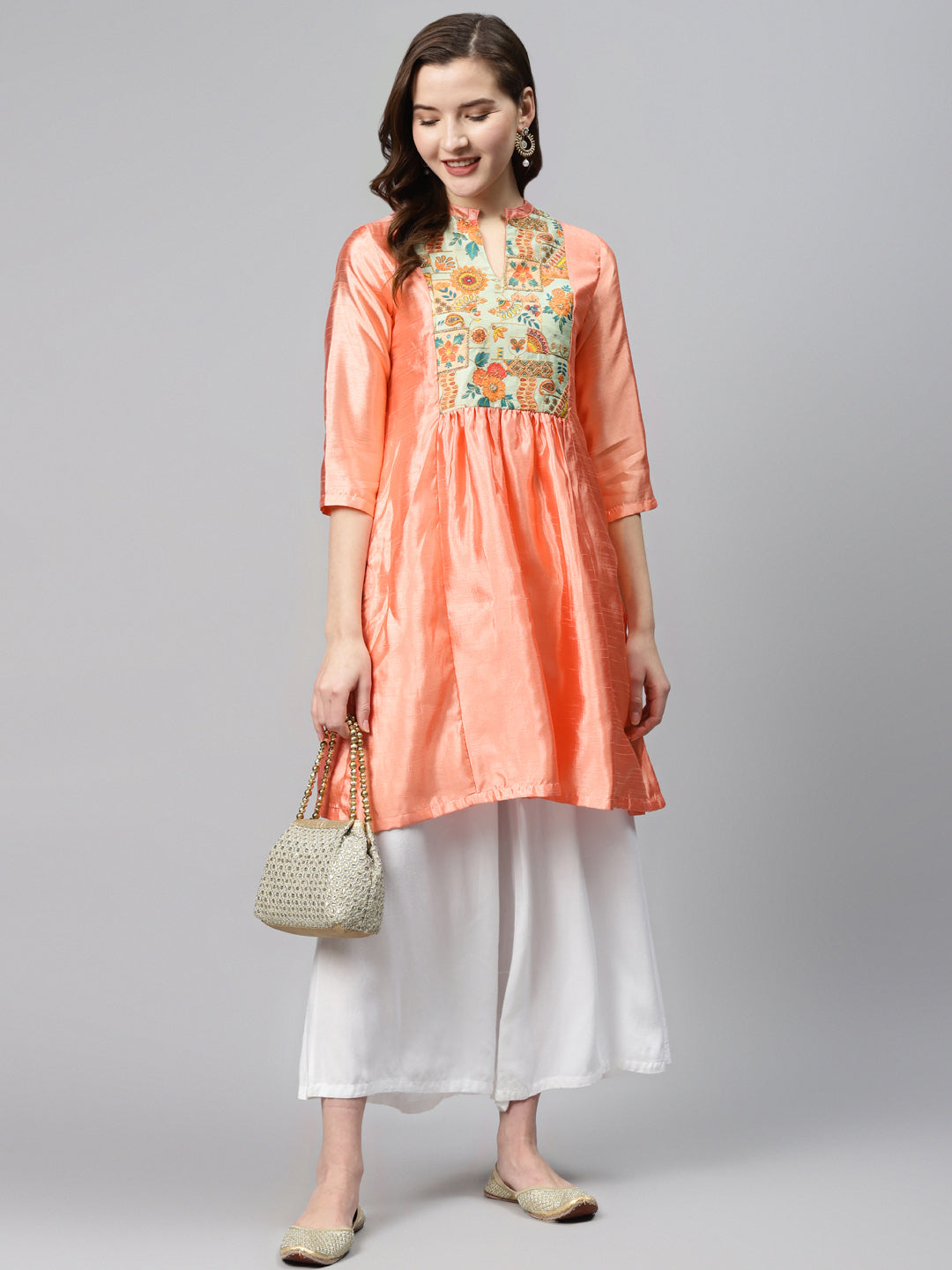 Biba Women Peach-Coloured & Green Yoke Design A-Line Kurta With Sheen Effect - Grab2buy