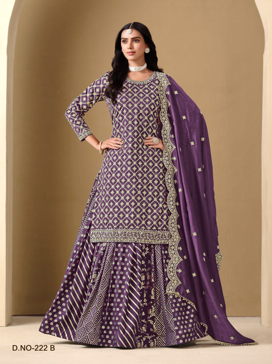 Anaita Lavender Art Silk Embroidered Stitched Sharara Suit
