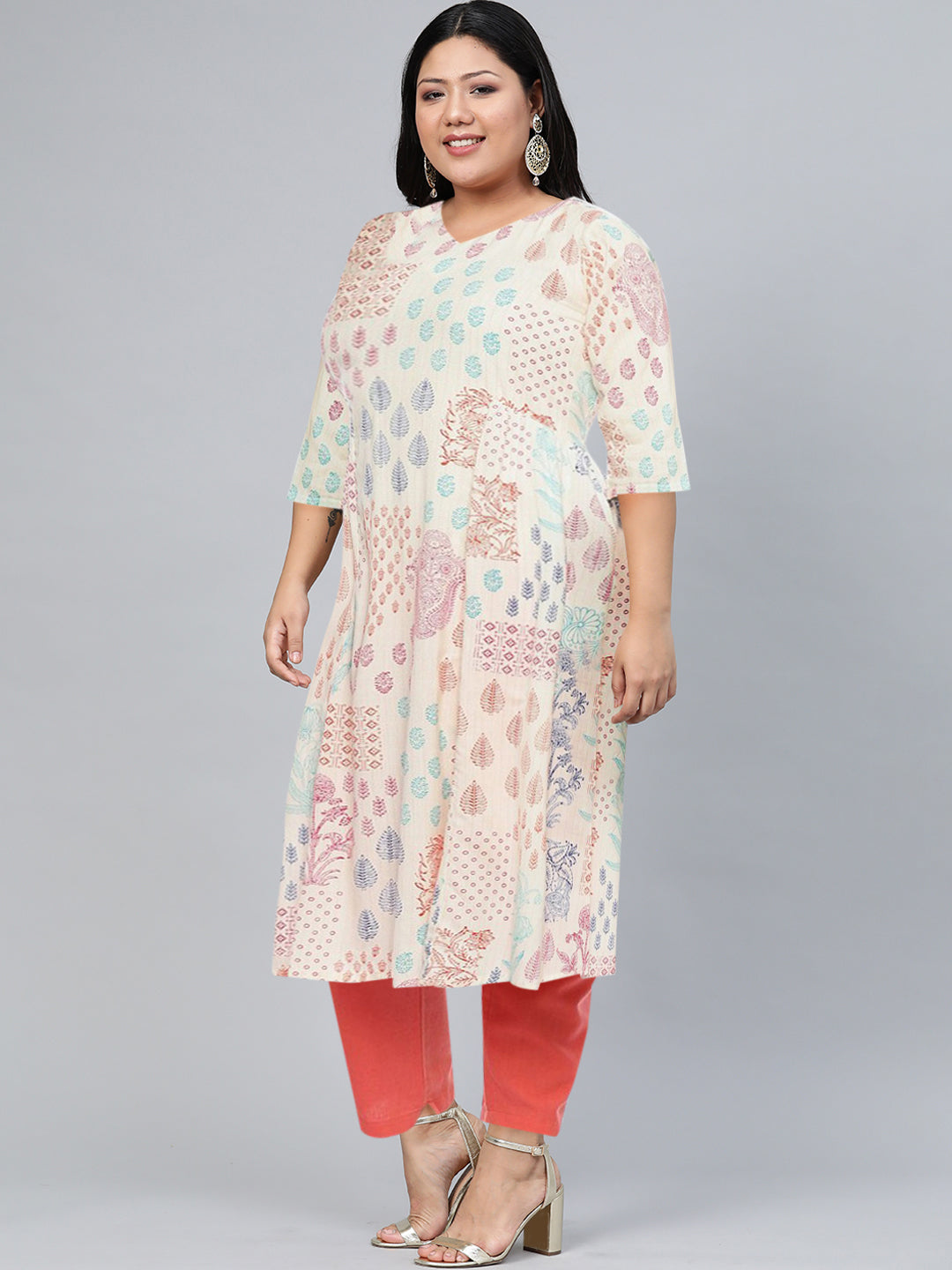 Biba Ethnic Motifs Printed V-Neck A-Line Kurta - Grab2buy