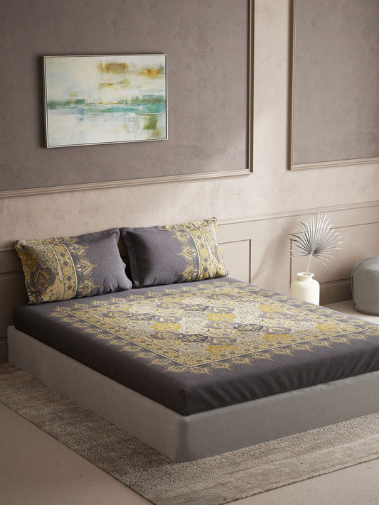 DDecor Grey & Yellow Ethnic Motifs Cotton 140 TC King Bedsheet With 2 Pillow Covers - Distacart