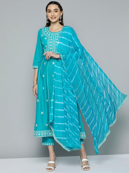 HERE&NOW Women Blue Ethnic Motifs Embroidered Thread Work Kurta with Trousers & With Dupatta