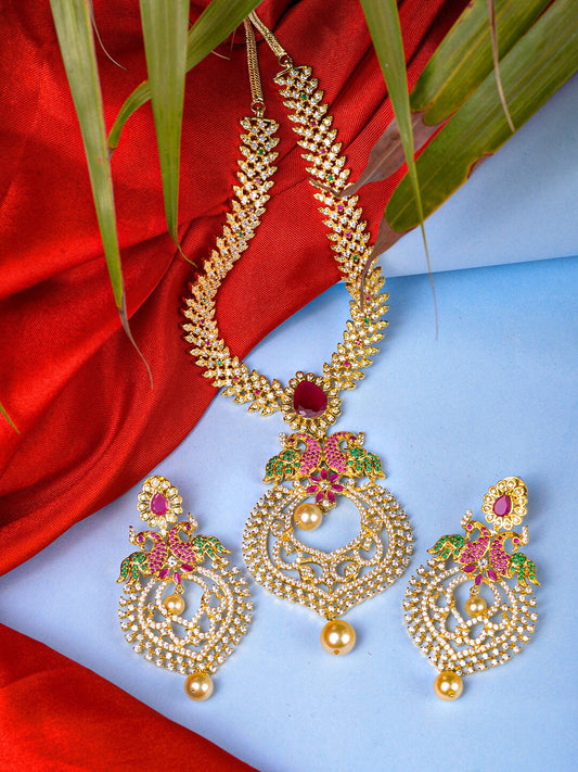 Saraf RS Jewellery Gold-Plated Green & Pink American Diamond Studded & Beaded Handcrafted Jewellery Set - Grab2buy