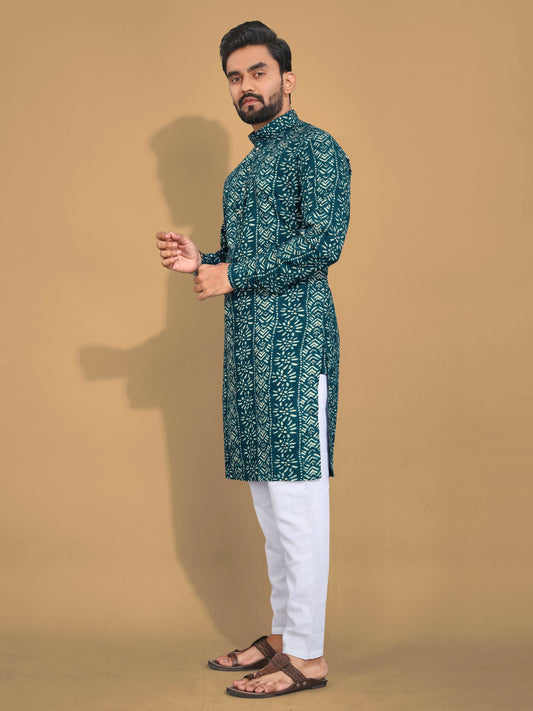 Anaita Teal Printed Cotton Straight Kurta