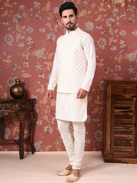 House of Pataudi Straight Kurta With Churidar & Embroidered Nehru Jacket