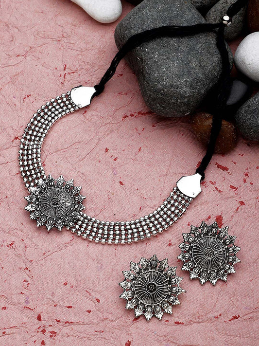Cardinal Silver-Toned Black Oxidized Choker Necklace Set - Grab2buy