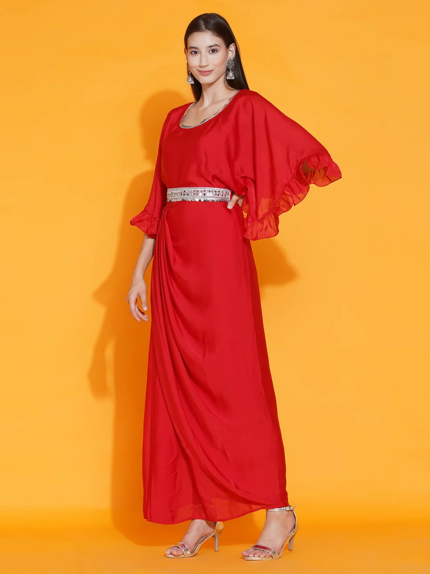 Women Republic Red Georgette Gown With Embellished Belt - Grab2buy