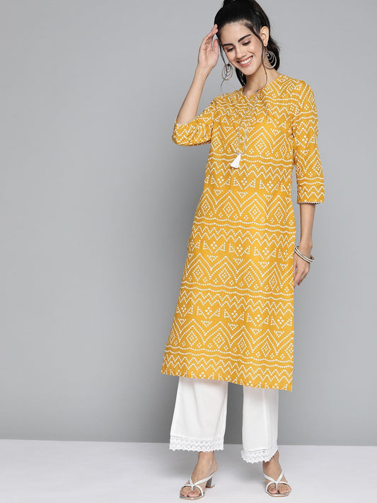 HERE&NOW Women Mustard Yellow & White Bandhani Printed Gotta Patti Kurta