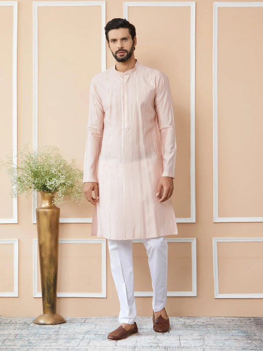 Fabmade Pink Embroidered Regular Sequinned Chanderi Silk Kurta With Pyjamas