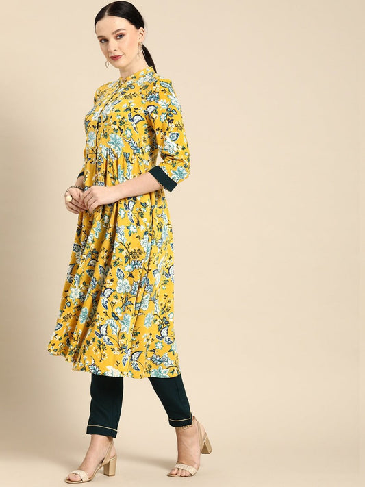 All About You Women Yellow Floral Print Regular Kurta with Trousers