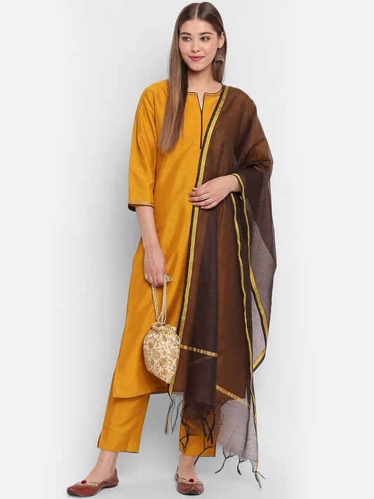 Janasya Women Mustard Yellow & Brown Solid Kurta with Trousers & Dupatta
