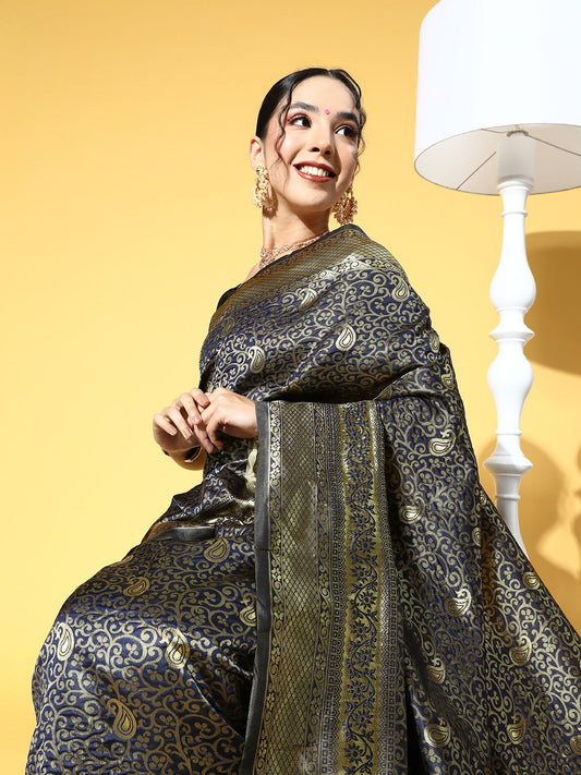 Grab2Buy Mall Navy Blue & Gold-Toned Ethnic Motifs Zari Silk Blend Banarasi Sarees
