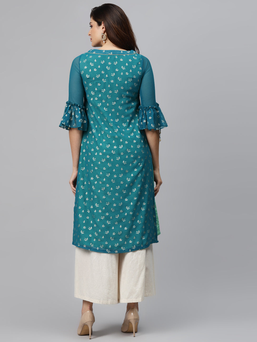 Biba Women Teal Blue & Golden Printed Straight Layered Kurta - Grab2buy