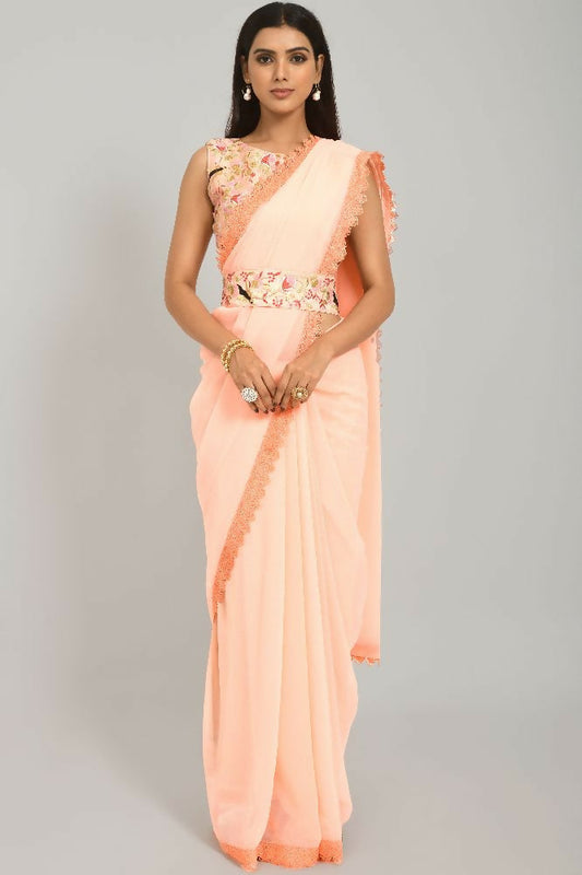 PR Fashion Peach Georgette Gpo Lace Saree