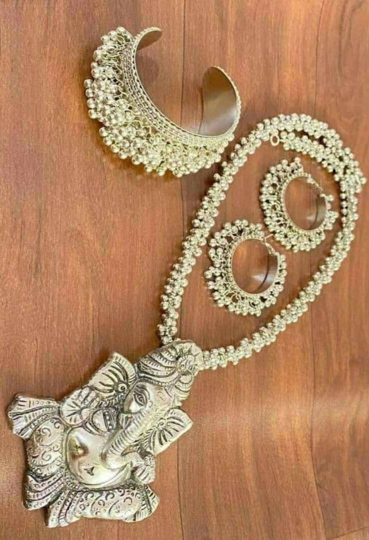 Mominos Fashion Johar Kamal Silver-Plated Brass Finish Ganesha Long Neckalce Combo Set For Women - Grab2buy
