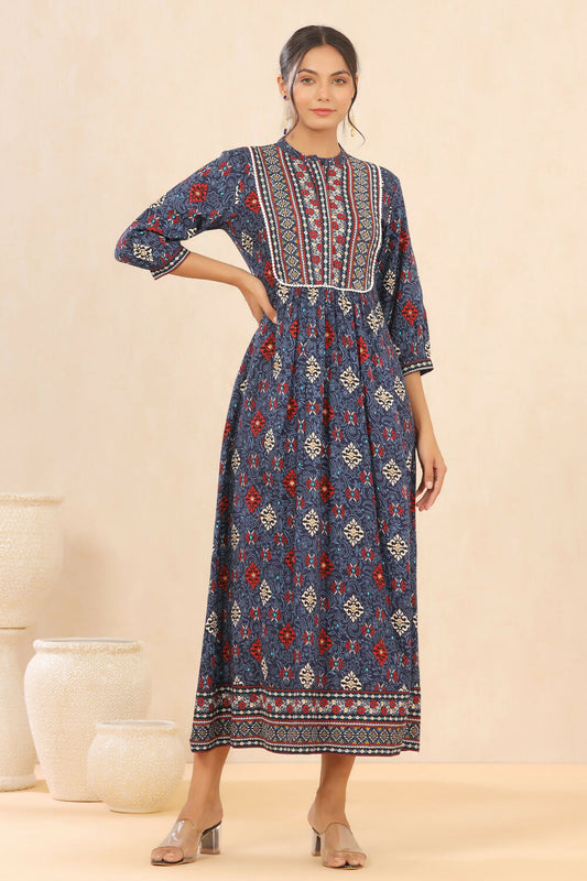 Juniper Indigo Floral Printed Rayon Maxi dress with Lace Work