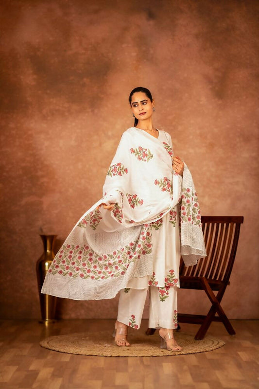 Joban Fashion Off White Pink Hand Block Printed Cotton Suit Set