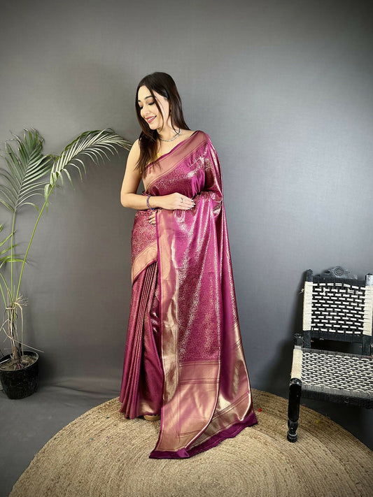 Joban Fashion Purple Floral Motifs & Ethnic Design Soft Satin Silk Kanchipuram Saree