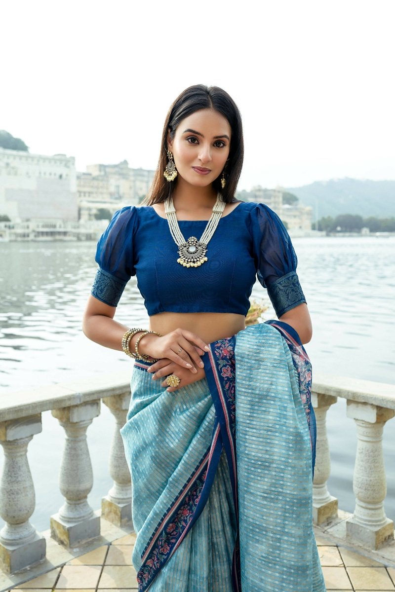 Aastha Fashion Blue Floral Printed Cotton Silk Saree with Blouse - Grab2buy
