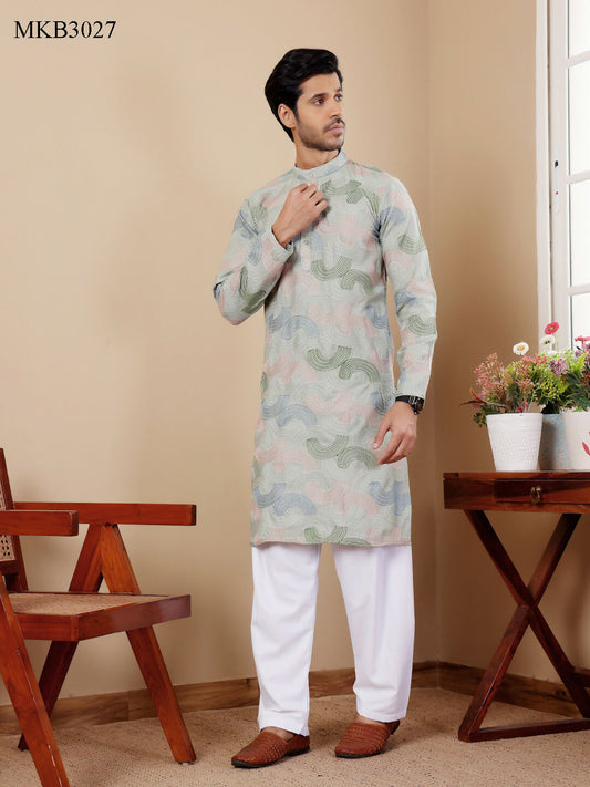 Pistel Green Linen Designer Embroidery Work Men's Rajwadi Kurta Set - Mahotsav