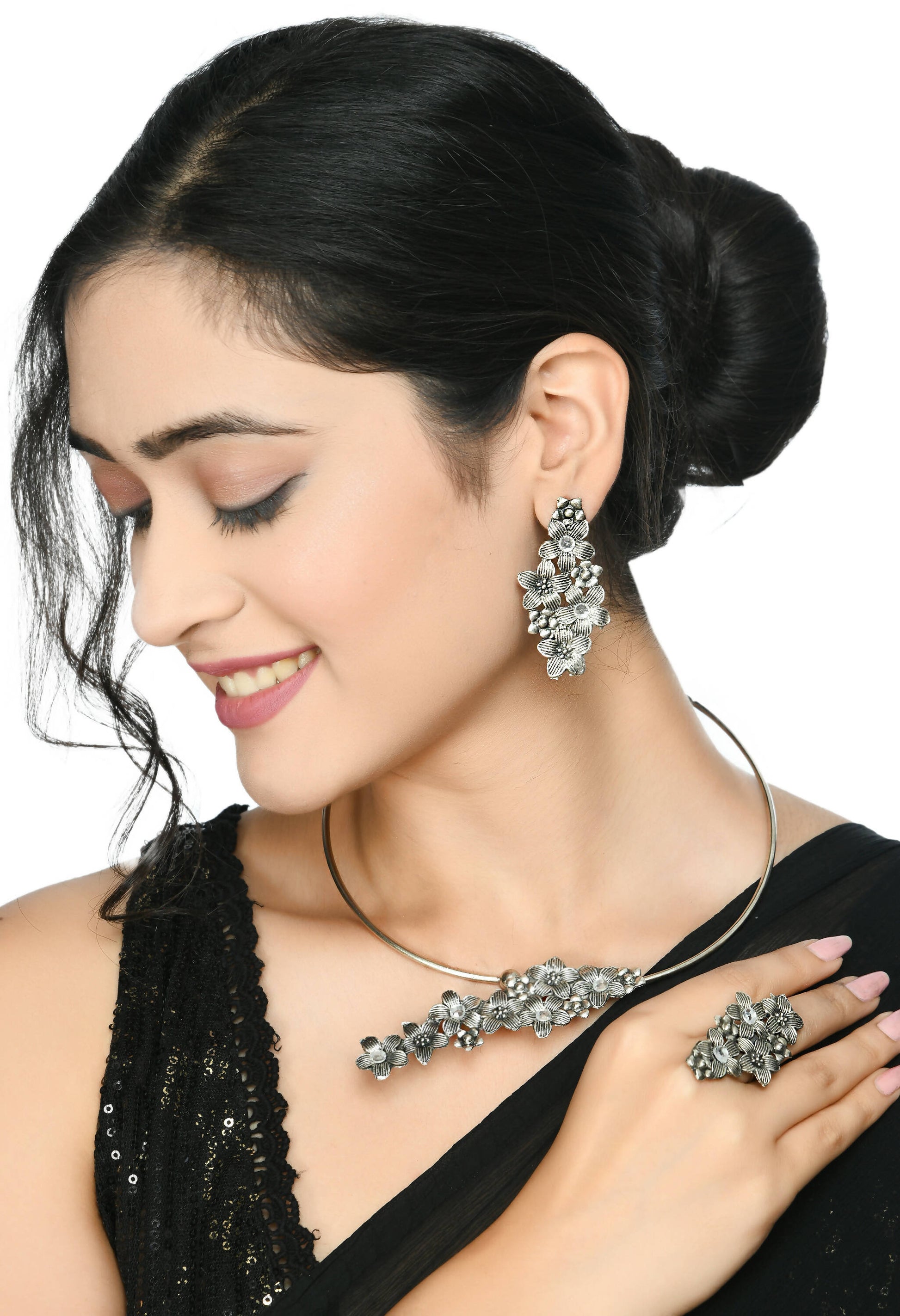 Mominos Fashion Johar Kamal Oxidised Silver-Plated Hasli Design Necklace Choker Set For Women - Grab2buy