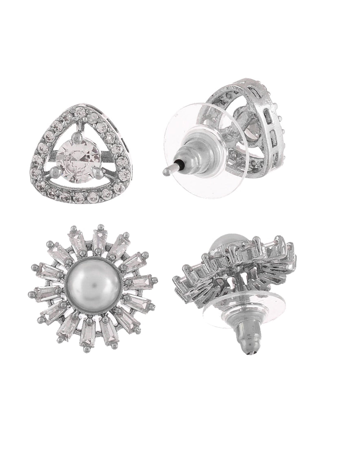 Shoshaa Set of 2 Silver-Toned Ad Stones Contemporary Studs Earrings - Grab2buy