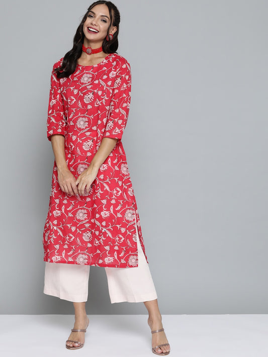 HERE&NOW Women Pink & Off White Pure Cotton Ethnic Motifs Printed Straight Kurta