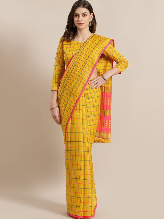 Saree Mall Mustard & Coral Checked Silk Cotton Sarees