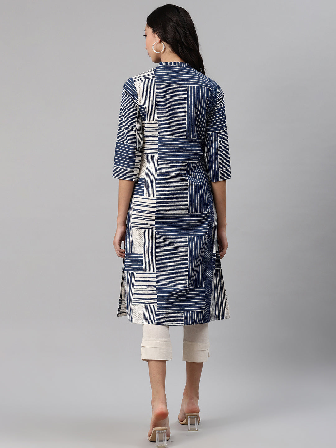 Biba Women Navy Blue & White Striped Kurta with Trousers - Grab2buy