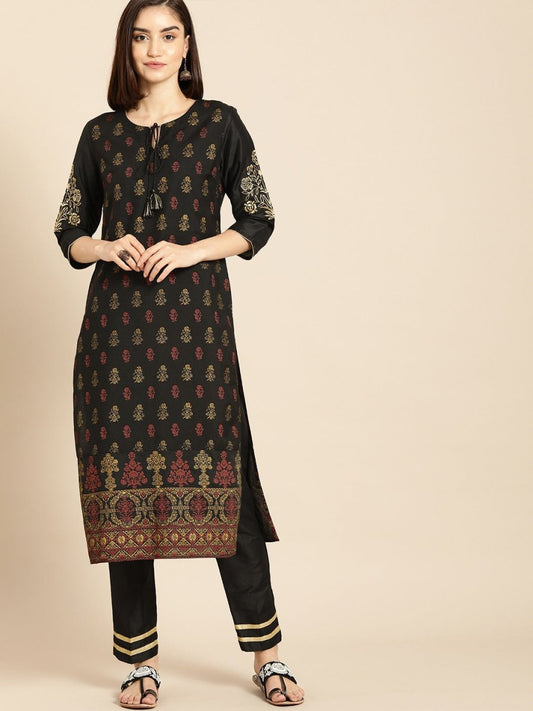 All About You Women Black & Yellow Floral Printed Regular Kurta with Trousers