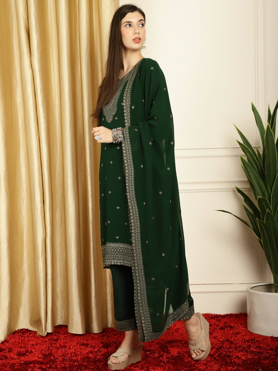 Aastha Fashion Women's Green Georgette Resham Thread & Sequin Kurta with Trouser & Dupatta - Grab2buy
