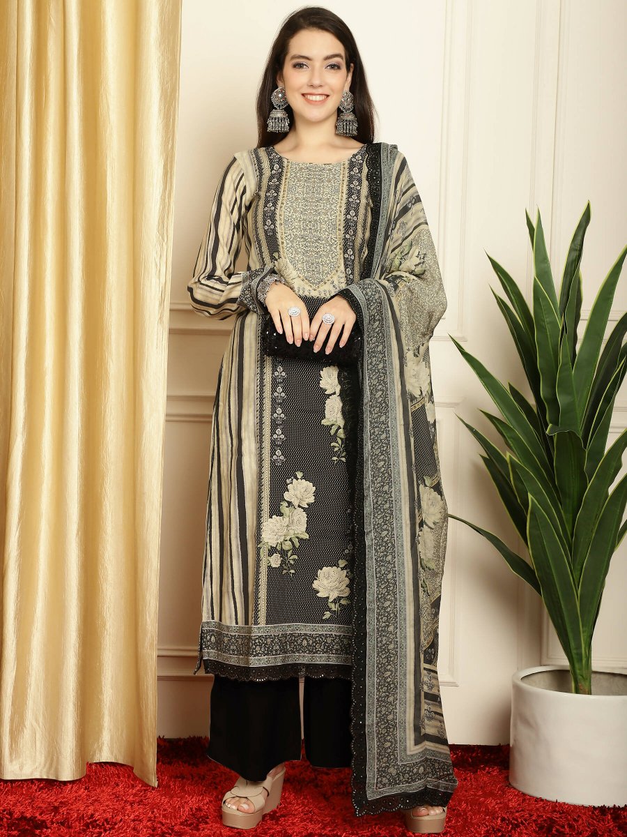 Aastha Fashion Women's Black Pashmina Digital Printed with Embroidered Lace work Kurta with Trouser & Dupatta - Grab2buy
