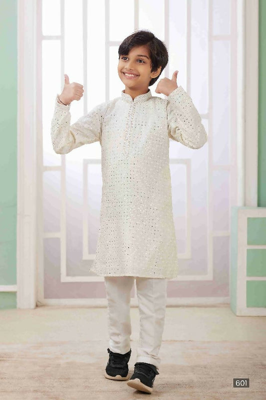Raivat Ethnic Art Silk Embroidery Work Kids Kurta Pajama In Cream Colour