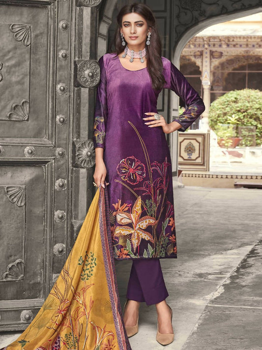 Aastha Fashion Women's Purple Velvet Floral Digital Printed Kurta with Trouser & Dupatta - Grab2buy