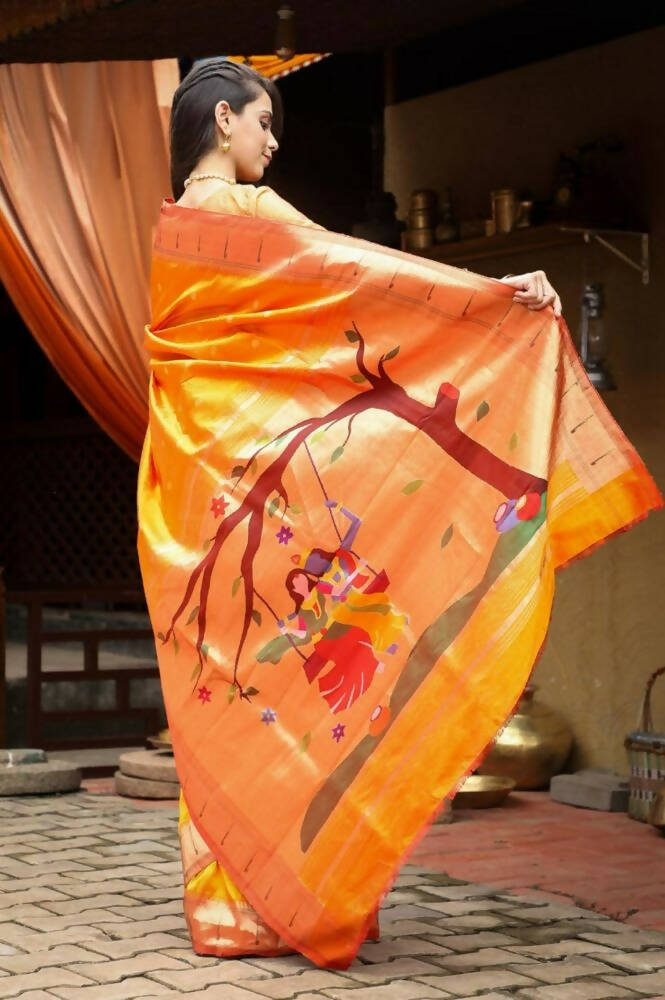 Very Much Indian Authentic Handloom, Beautiful Orange Yellow, Pure Silk Muniya Border Paithani With Radha Krishna Pallu(High Quality Silk) - Grab2buy