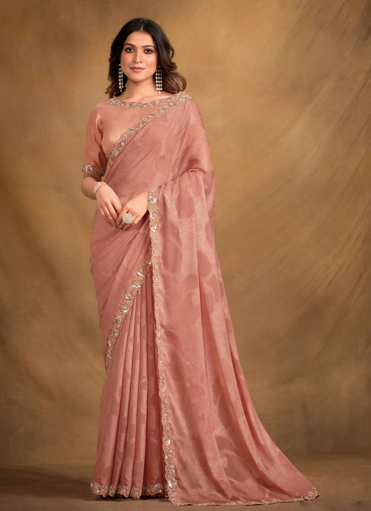 Peach Self Jacquard Georgette Designer Saree with Unstitched Blouse - Norita Mahitha